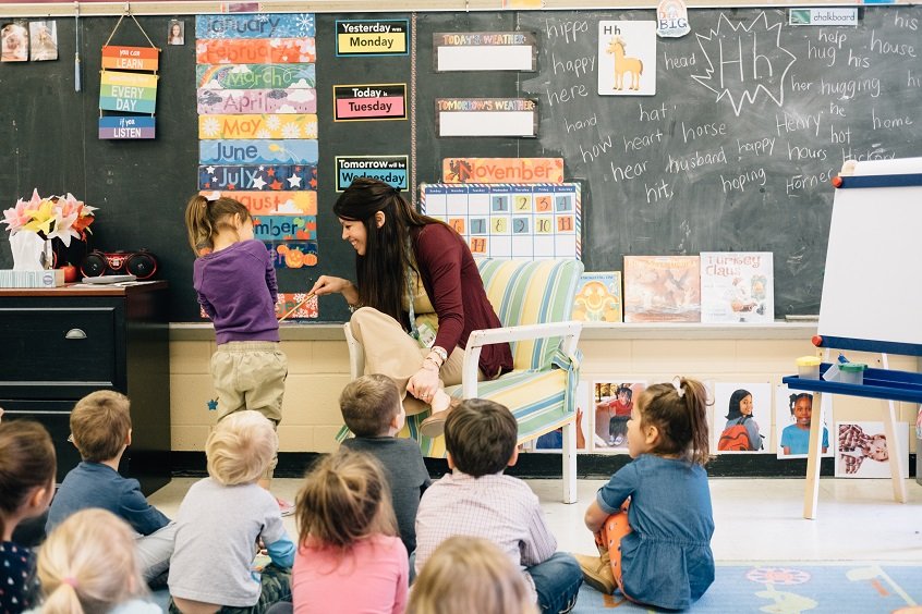A teacher is sitting in front of a classroom of young children and speaking to one on her right | Support the mental health